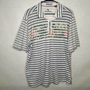 Tommy Bahama Polo Shirt Men Size XL Blue Striped Floral Short Sleeve Pima Cotton